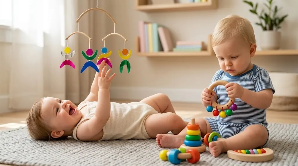 2 babies are playing with a mobile and a set of rattles