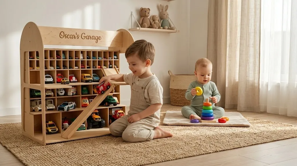 2 babies playing with a wooden car garage and stacking rings