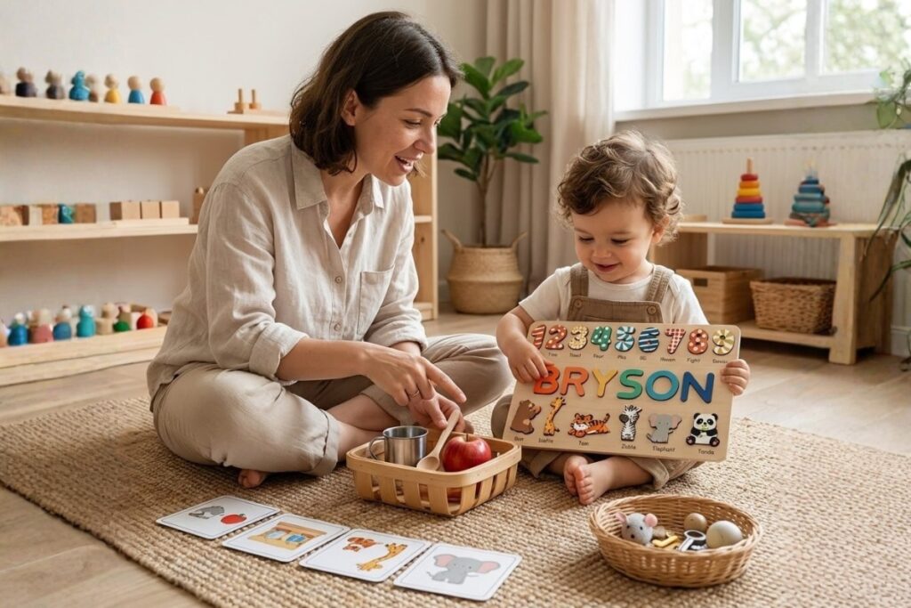 a toddler playing a name puzzle to build language skills