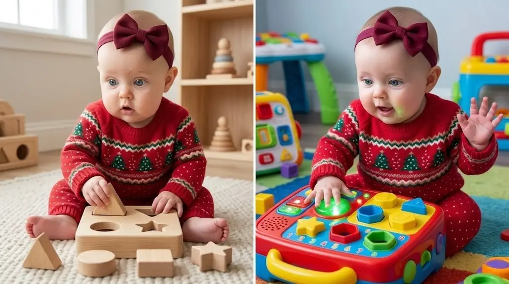 Baby with a wooden toy vs. baby with a electronic toy