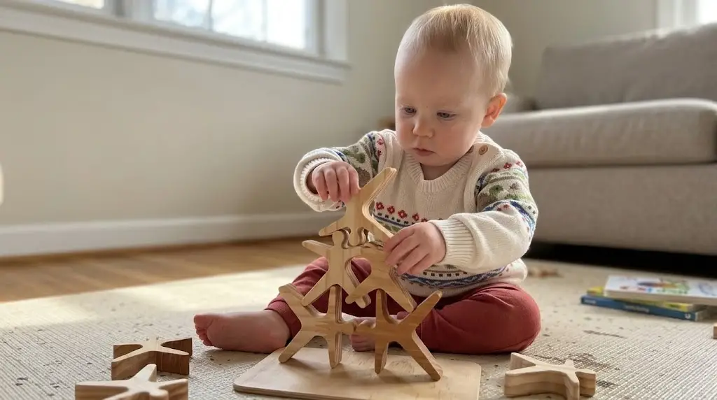 Toddler playing with wooden balance stacking set