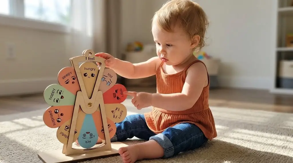 Toddler playing with wooden emotions wheel