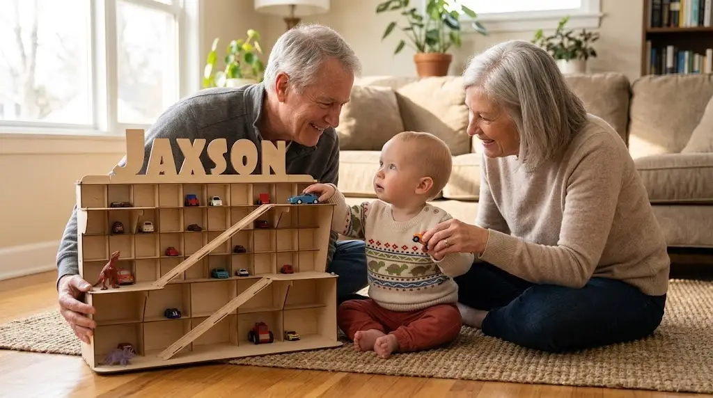 grandparents and toddler playing with a car garage