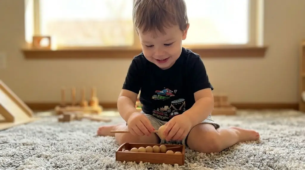 preschooler playing with bead threading tray set