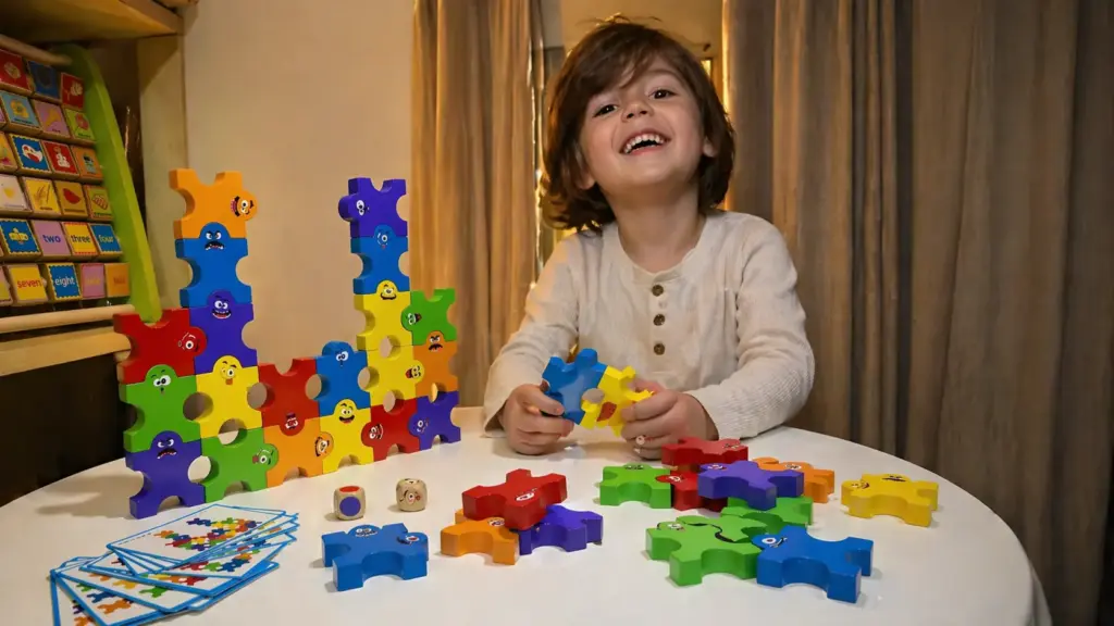 preschooler playing with cube face change building blocks