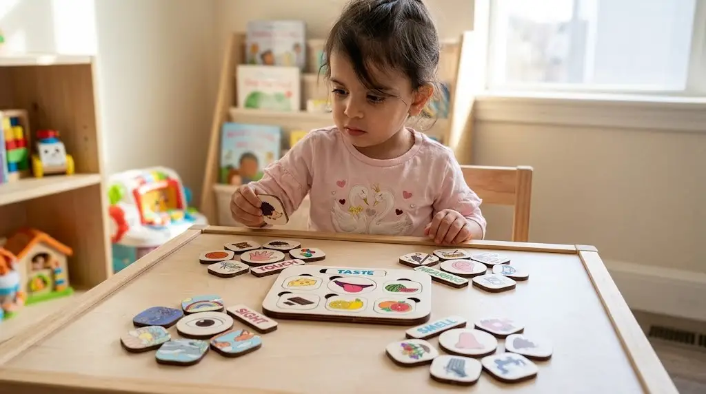preschooler playing with five senses learning board