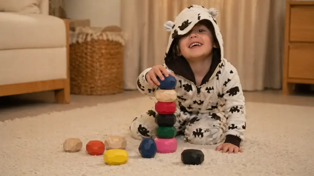 preschooler playing with multicolor balancing stones