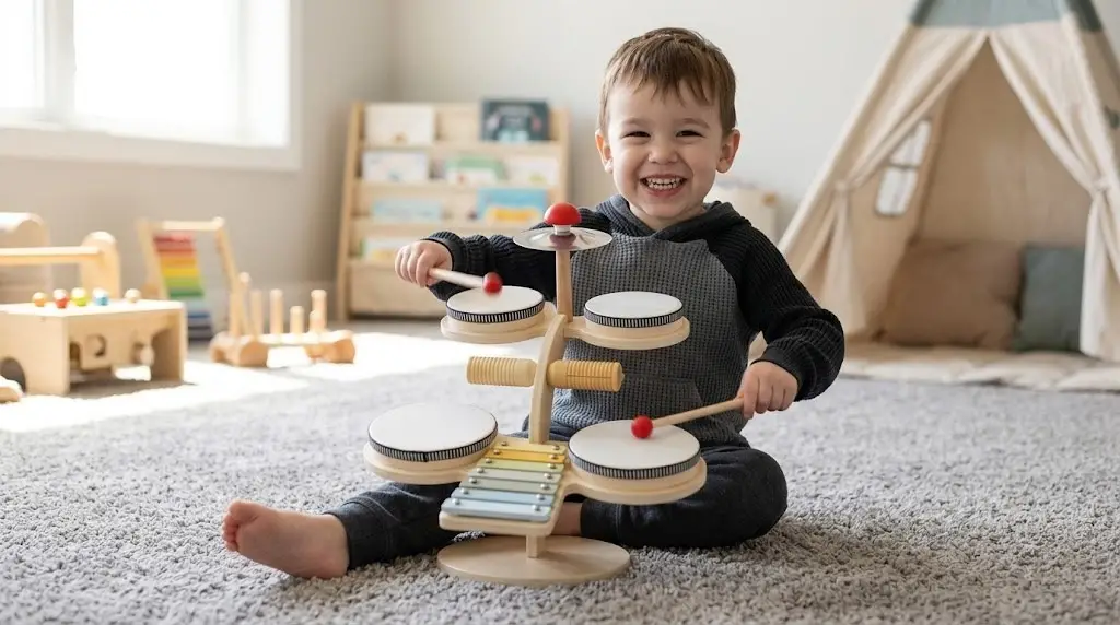 preschooler playing with music percussion set