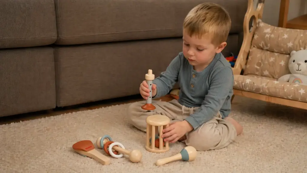 preschooler playing with musical instrument set