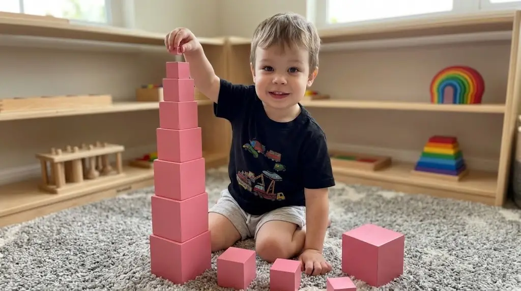 preschooler playing with pink tower