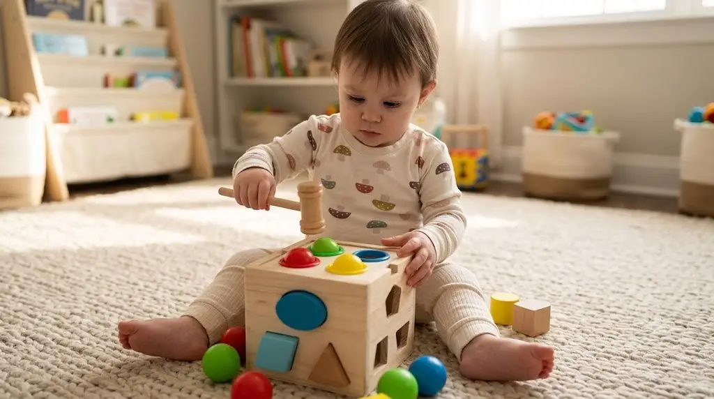 preschooler playing with shape sorter toys