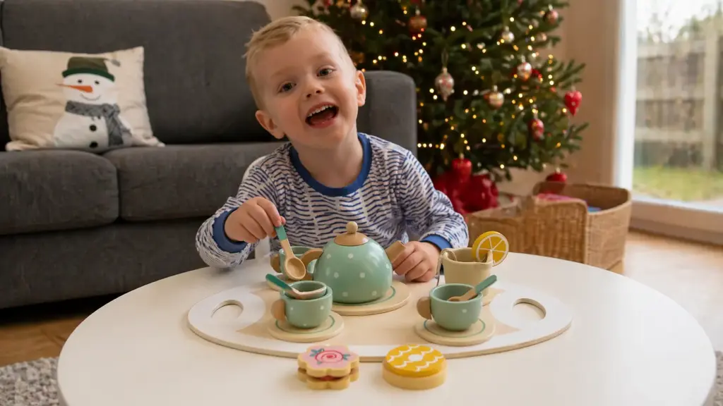 preschooler playing with tea party set