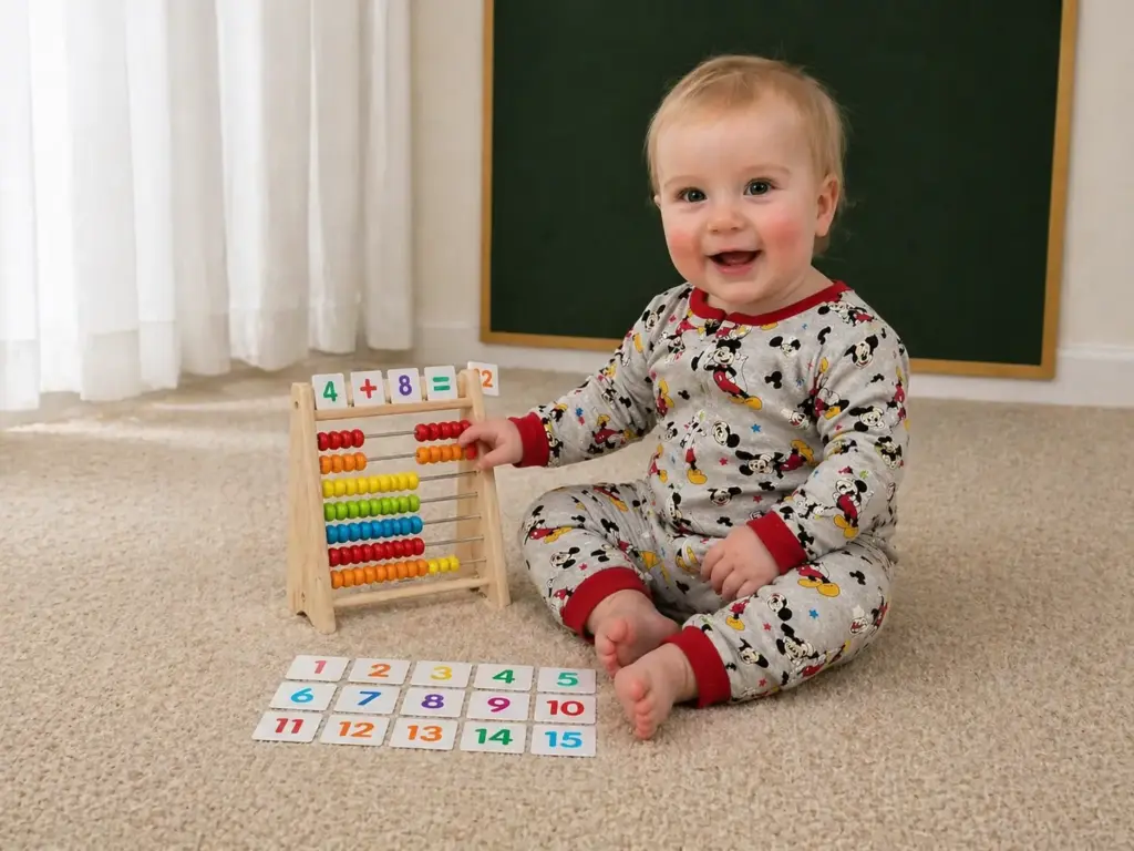 toddler playing with abacus with number cards