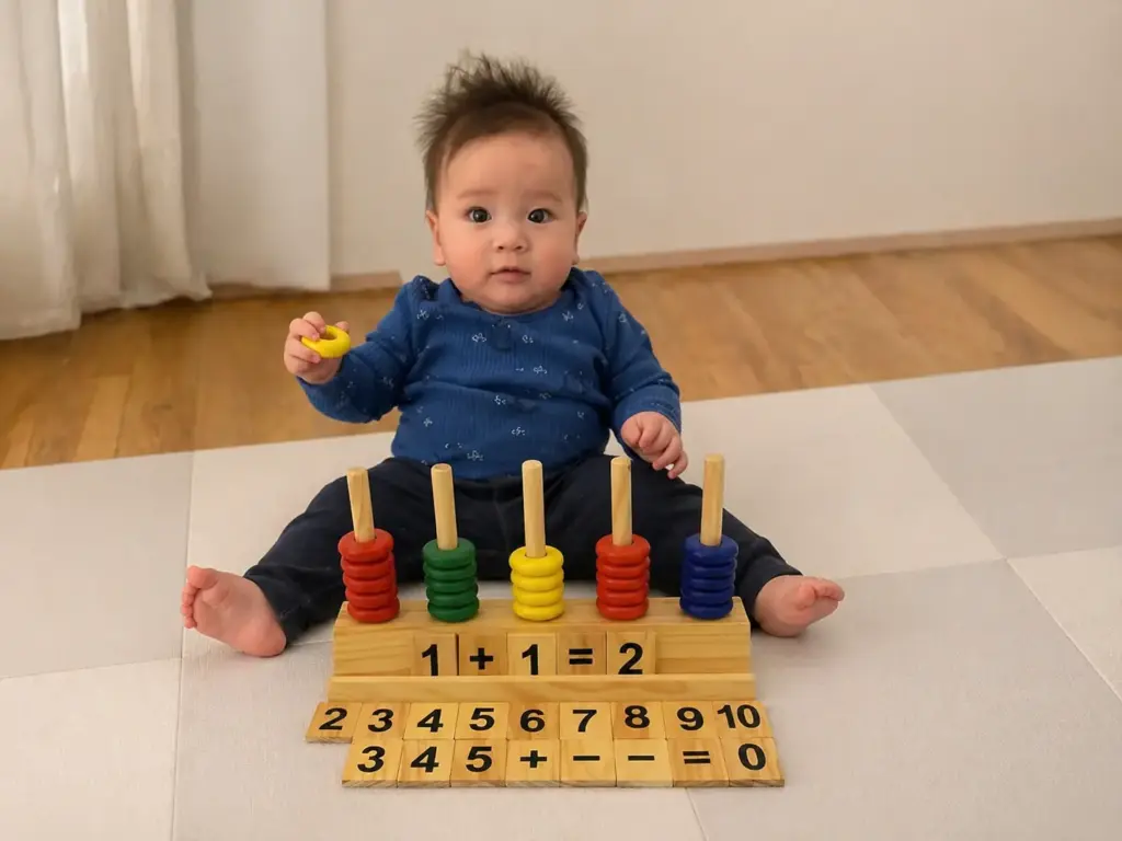 toddler playing with counting rings math toy