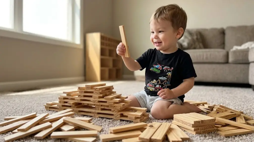 toddler playing with wooden building blocks
