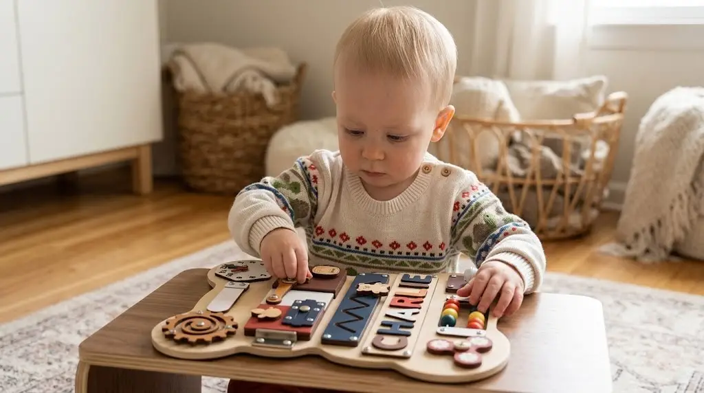 toddler playing with wooden busy board