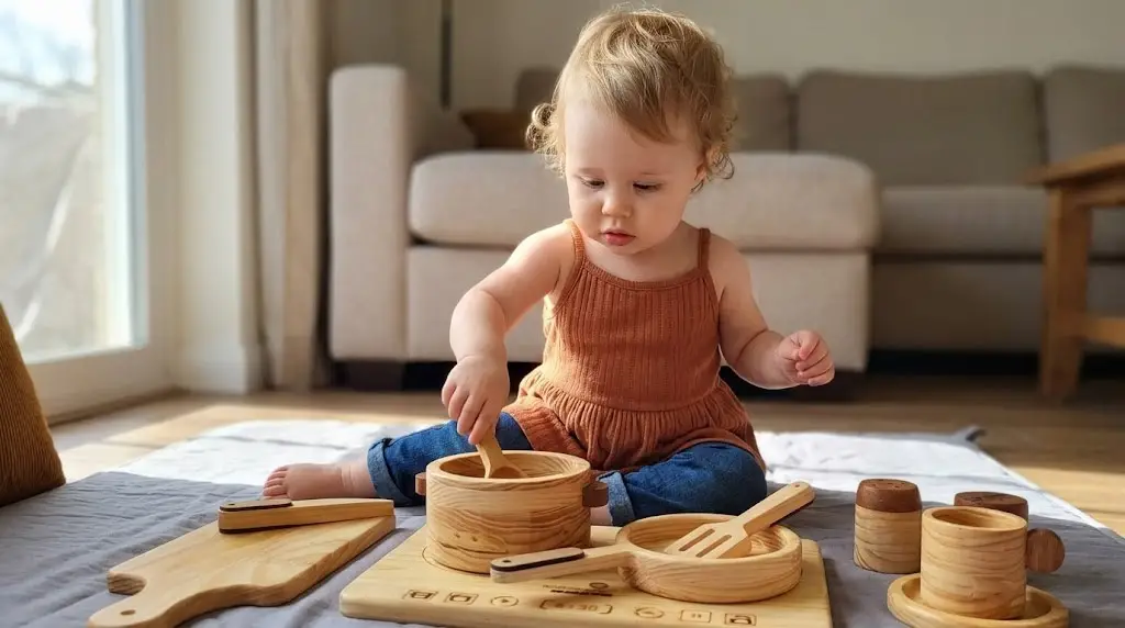 toddler playing with wooden kitchen