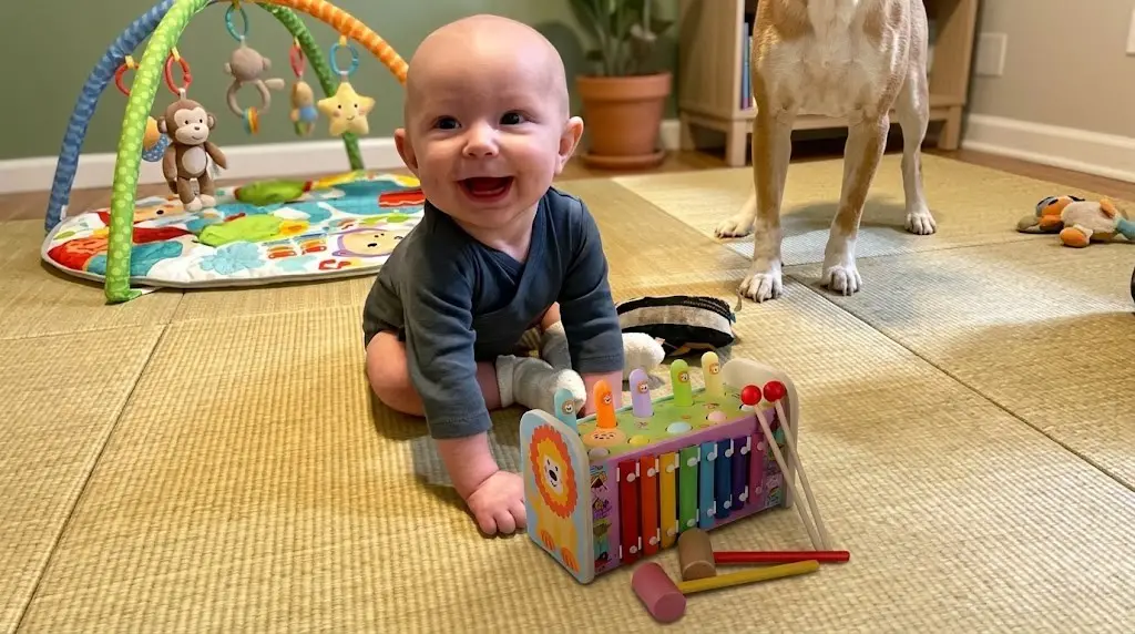 toddler playing with wooden xylophone toy