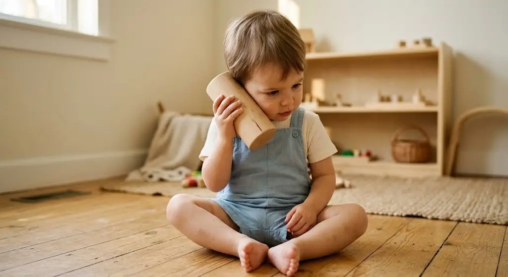 toddler symbolic play wooden block pretend phone montessori