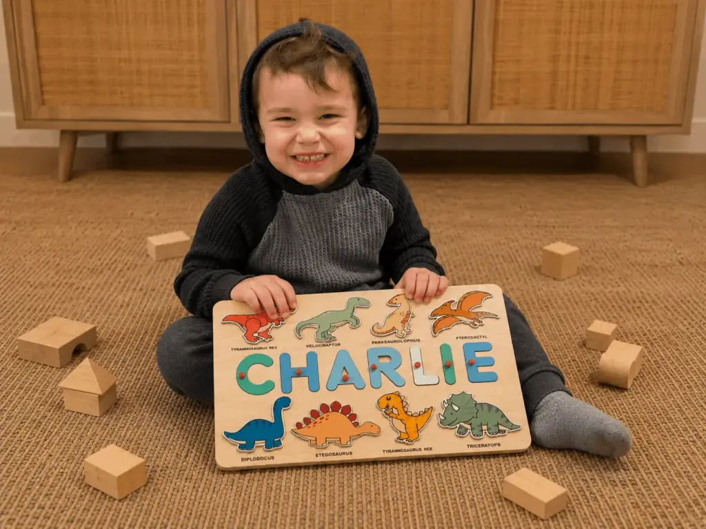 baby playing dinosaur puzzle