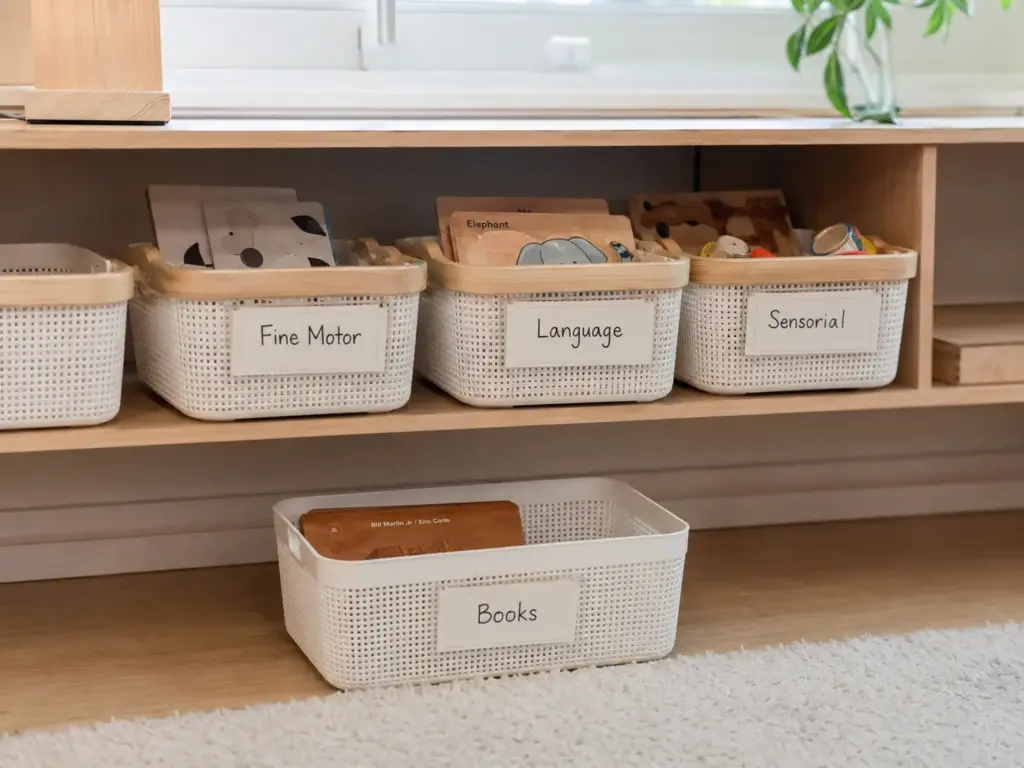 montessori toy rotation storage bins