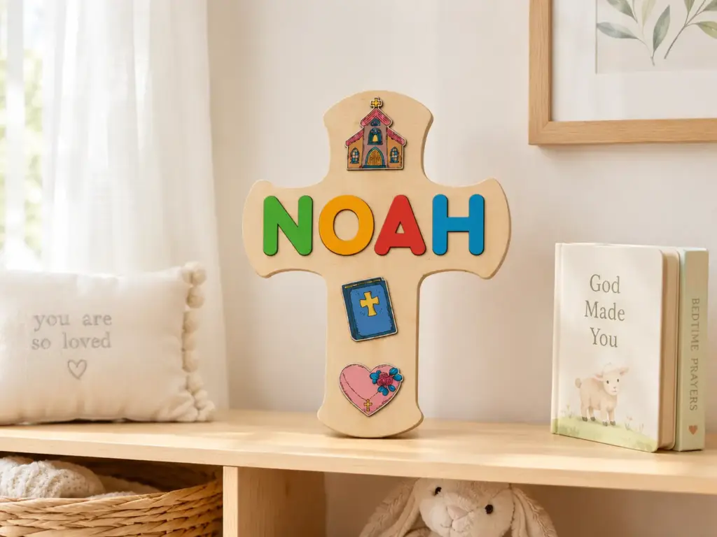 cross shaped name puzzle baptism nursery display
