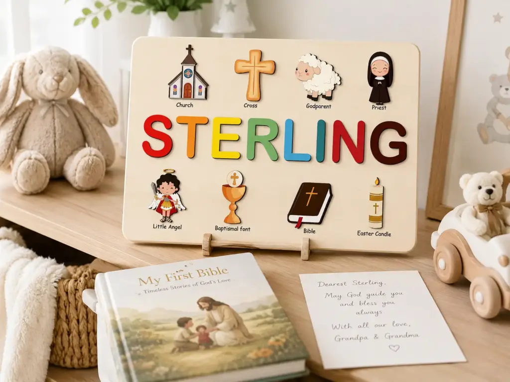 labeled catholic symbols puzzle nursery shelf grandparent gift
