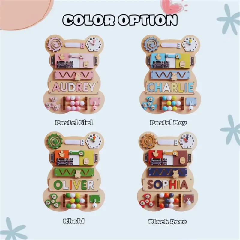 personalized montessori bear busy board color option