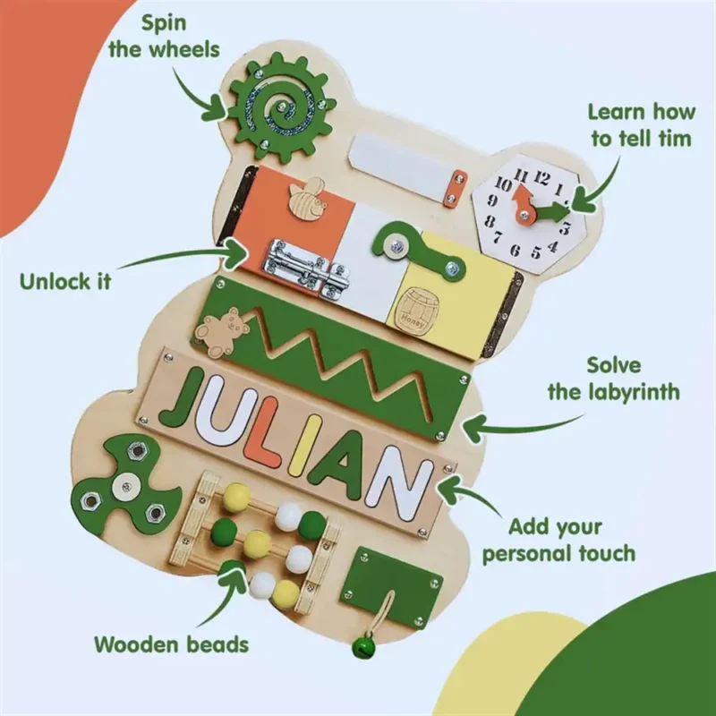 personalized montessori bear busy board tmt01 khaki green 3