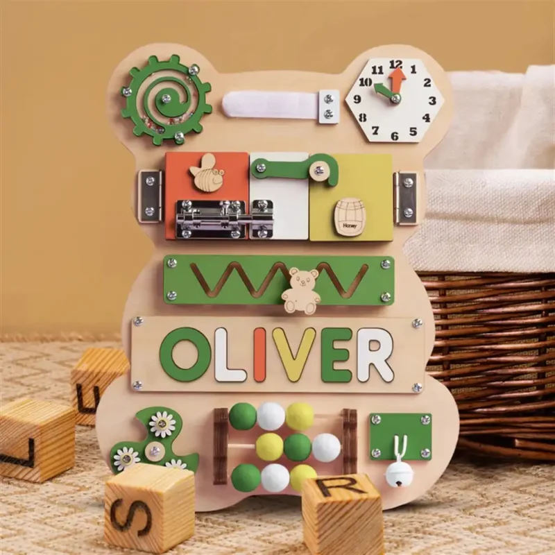 personalized montessori bear busy board tmt01 khaki green