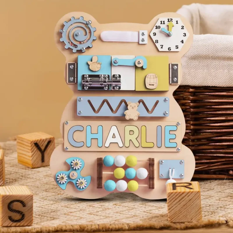 personalized montessori bear busy board tmt01 pastel boy