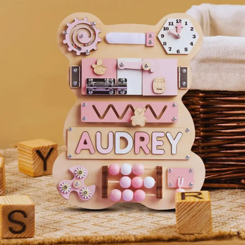 personalized montessori bear busy board tmt01 pastel girl