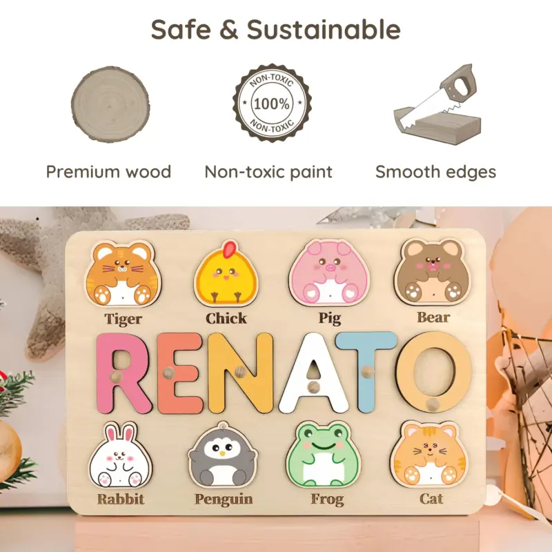 animals cute wooden montessori name puzzle safe sustainable