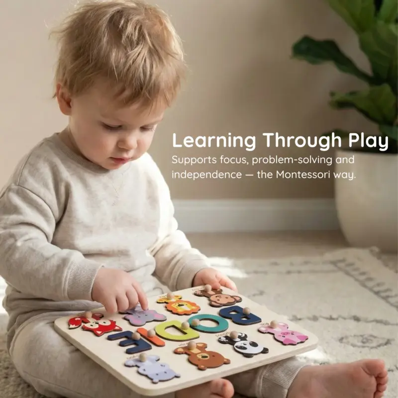 animals wooden montessori name puzzle learning through play
