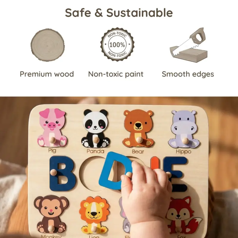 animals wooden montessori name puzzle safe sustainable