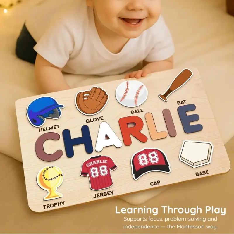 baseball wooden montessori name puzzle learning through play