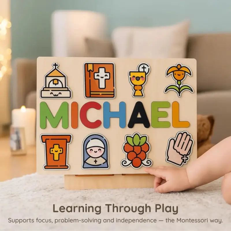 christian wooden montessori name puzzle learning through play
