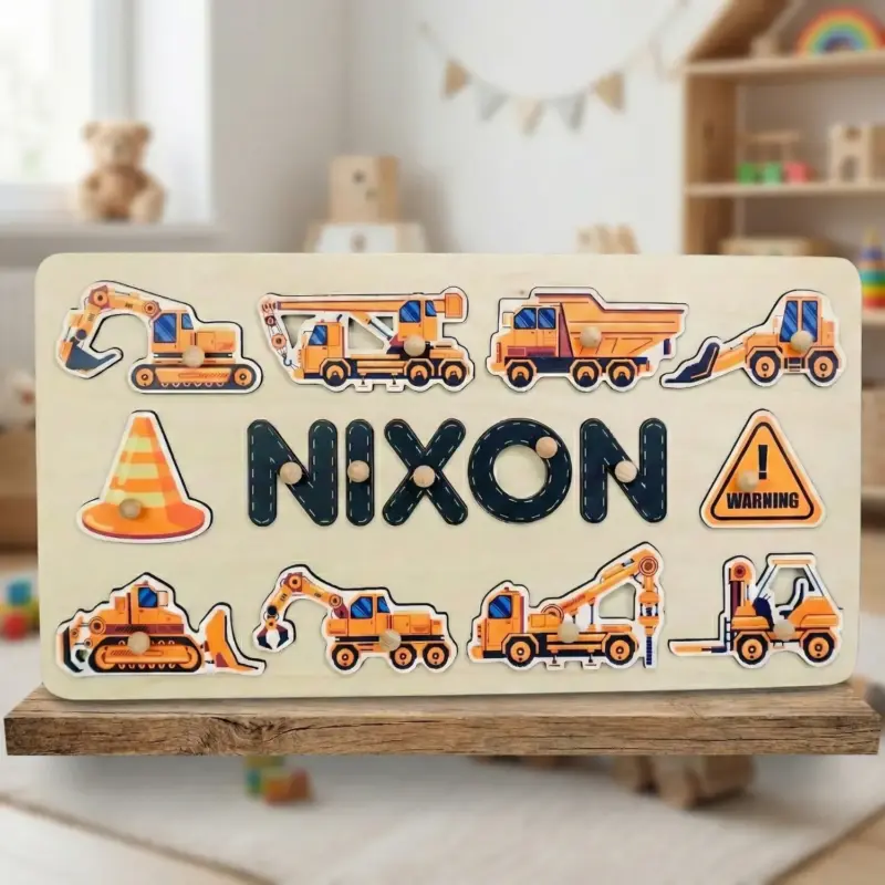 construction theme wooden montessori name puzzle 2