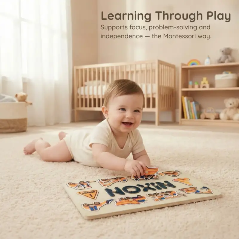 construction theme wooden montessori name puzzle learning through play