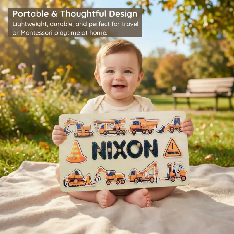 construction theme wooden montessori name puzzle portable thoughtful design