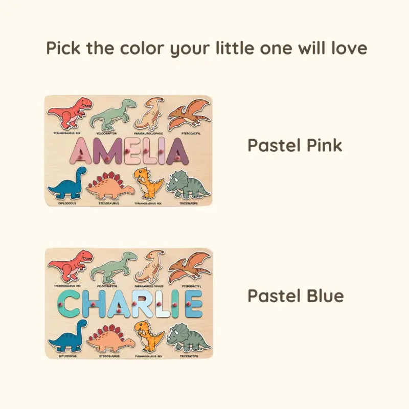 dinosaur wooden montessori name puzzle choose color
