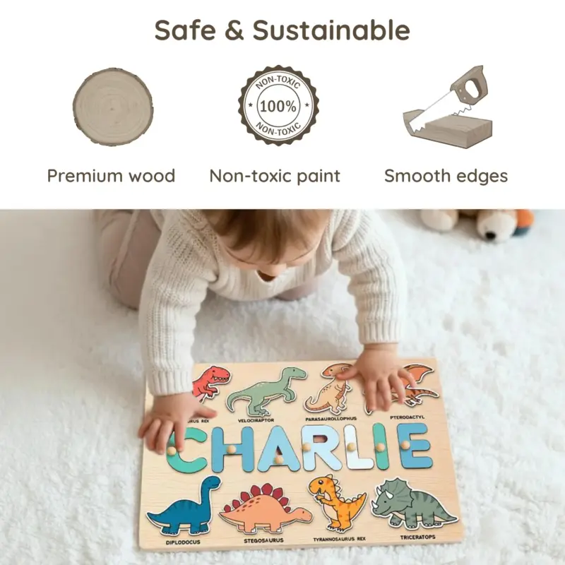dinosaur wooden montessori name puzzle safe sustainable