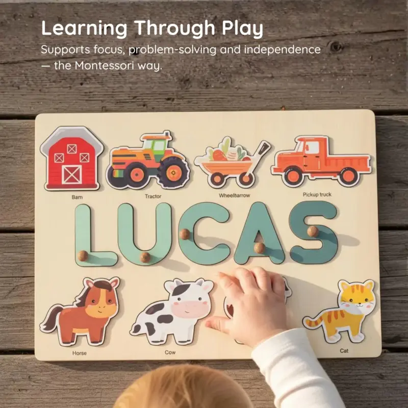 farm theme wooden montessori name puzzle learning through play