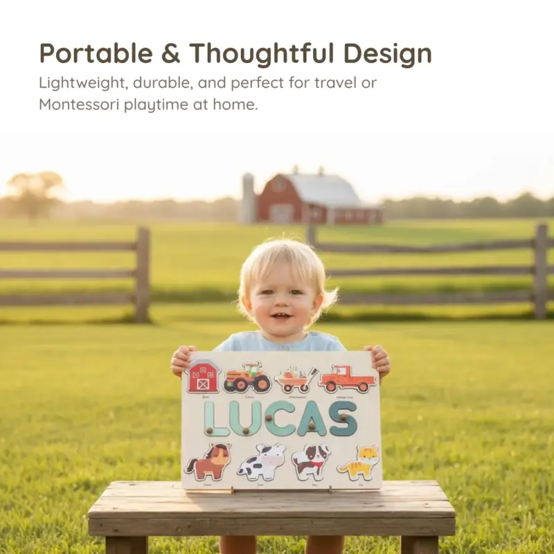 farm theme wooden montessori name puzzle portable thoughtful design