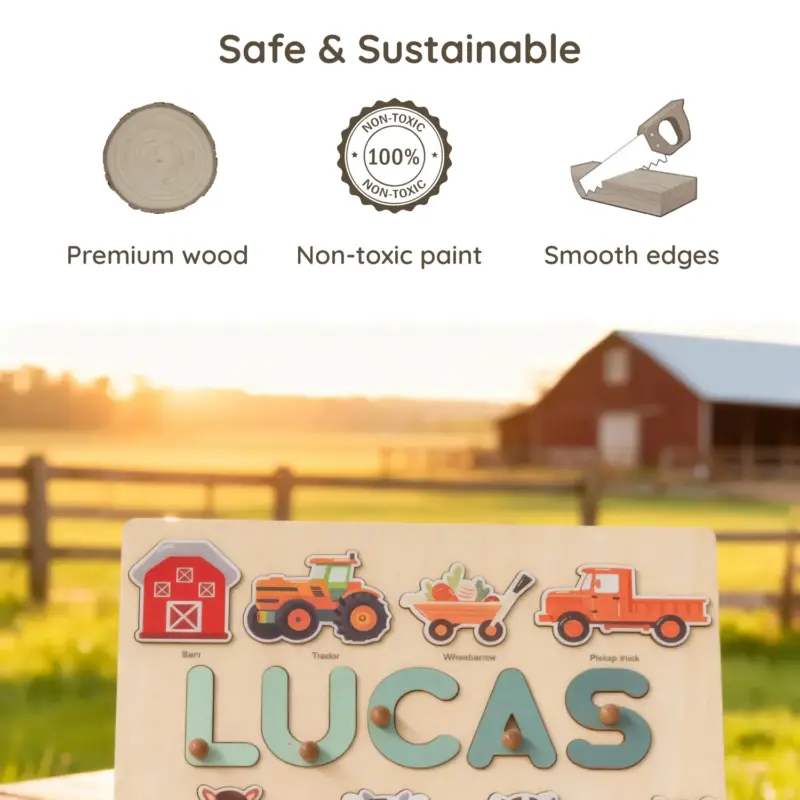 farm theme wooden montessori name puzzle safe sustainable