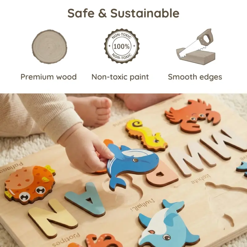 marine animals wooden montessori name puzzle safe sustainable