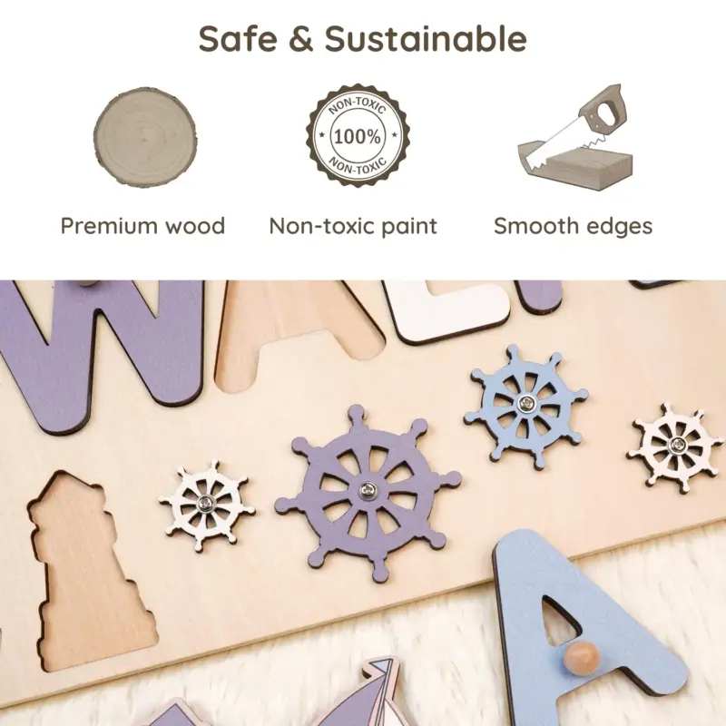 nautical wooden montessori name puzzle safe sustainable