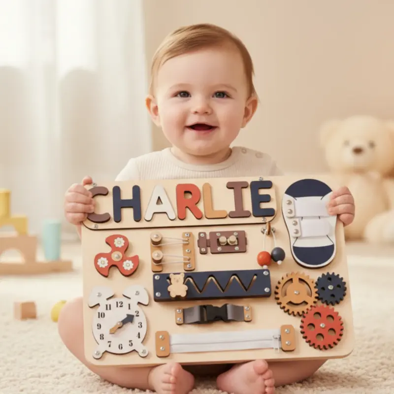 personalized name wooden montessori busy board hero image