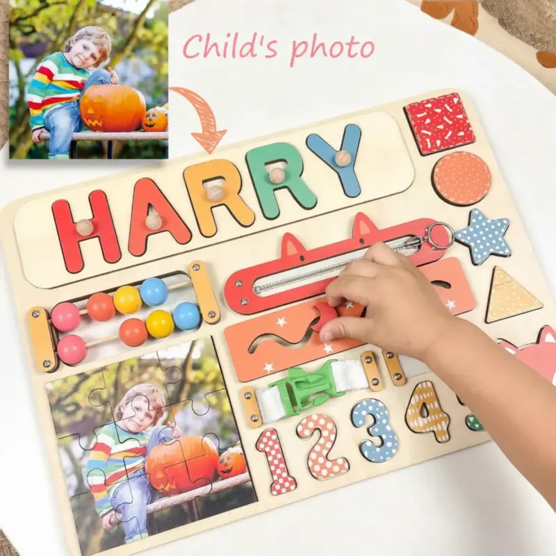 photo name wooden montessori busy board rainbow color