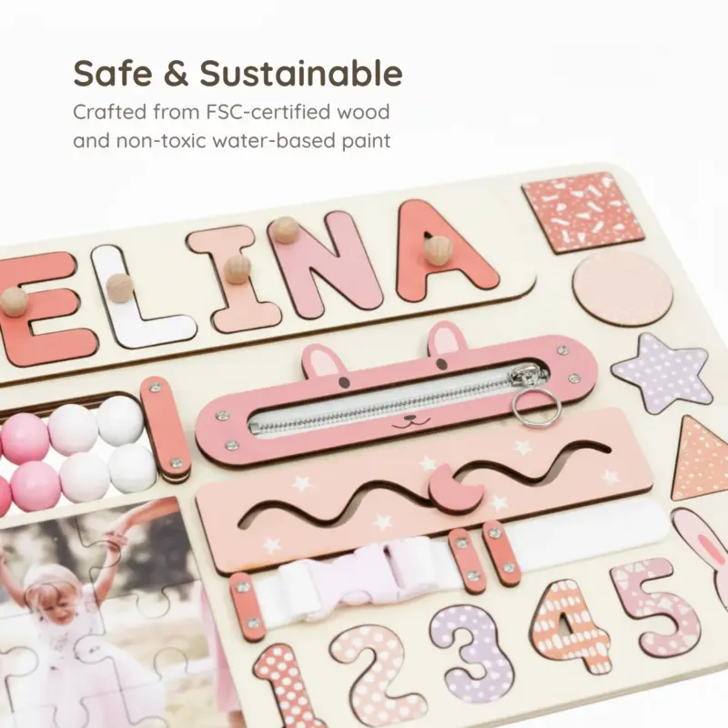 photo name wooden montessori busy board safe sustainable